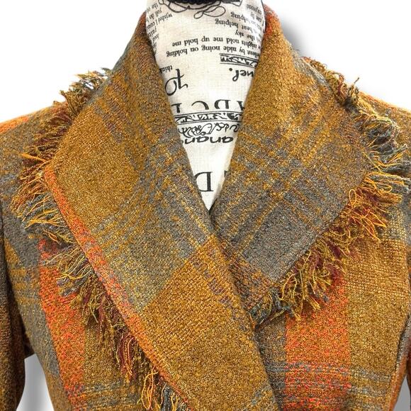 Anthropologie Cartonnier Size 0 XS Plaid Wrap Fringed Tweed Jacket Blazer - Picture 3 of 6